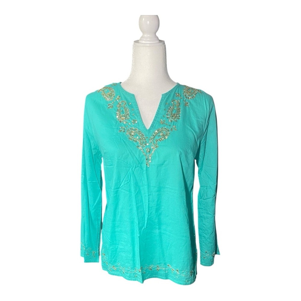 Chic Turquoise Embroidered Women's Blouse